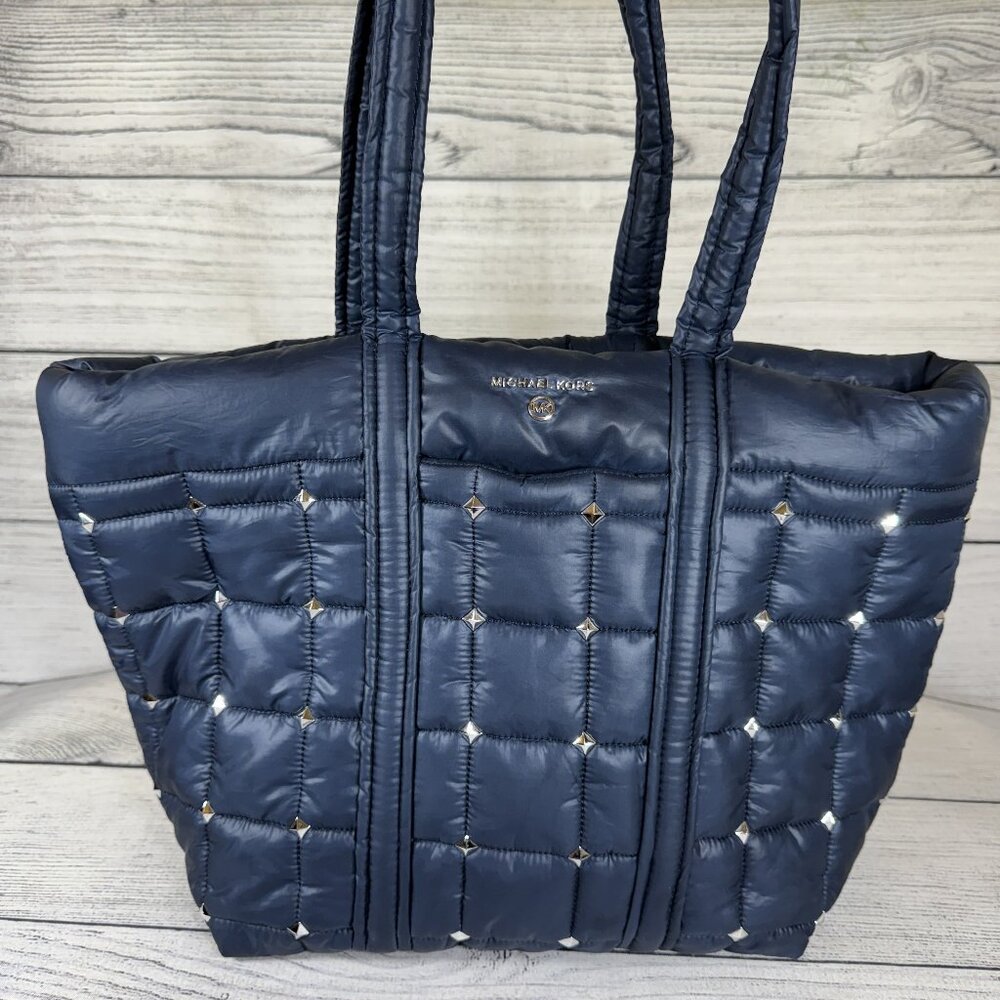 Michael Kors Navy Puffer Studded Tote Bag Carry On Recycled Nylon